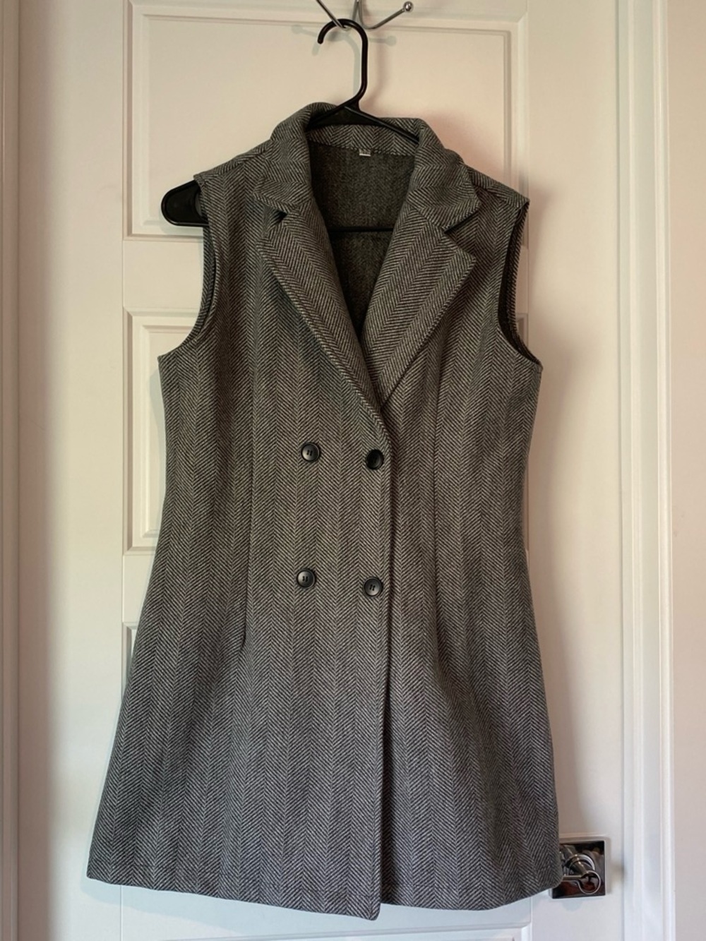 Double-Breasted Herringbone Sleeveless Dress - Gray